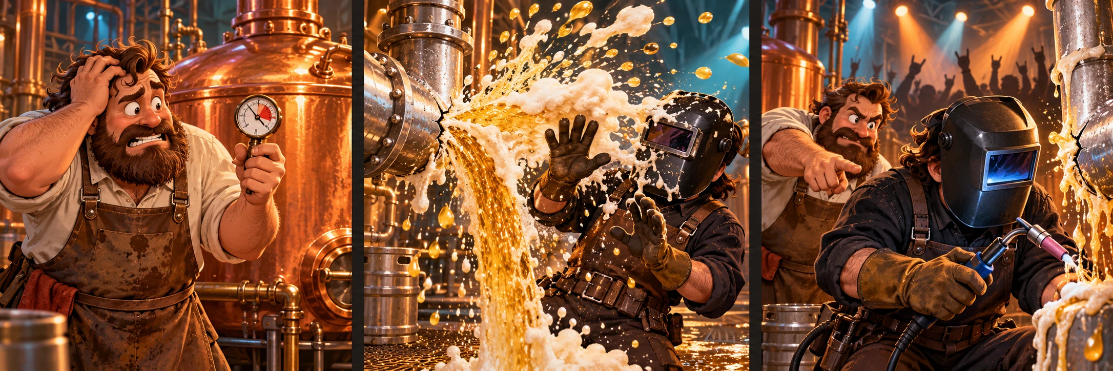 A cartoon brewery owner calls a welder to repair a beer line spraying foam.
